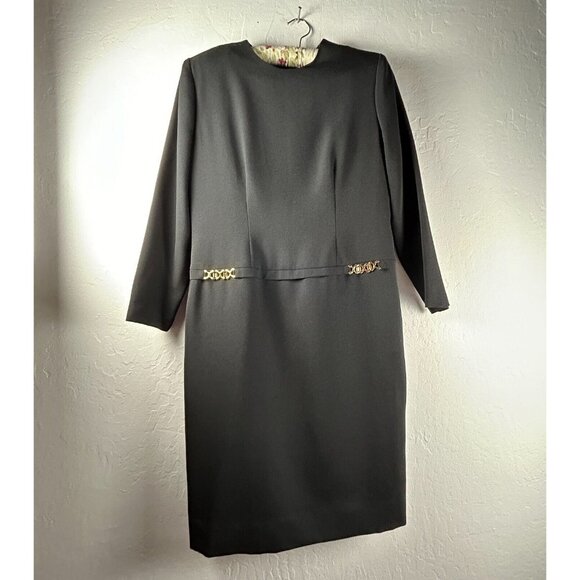 Vintage Henry Lee Career Shift Dress Size 10P Black Gold Buckle Waist Zip Back - Picture 1 of 9
